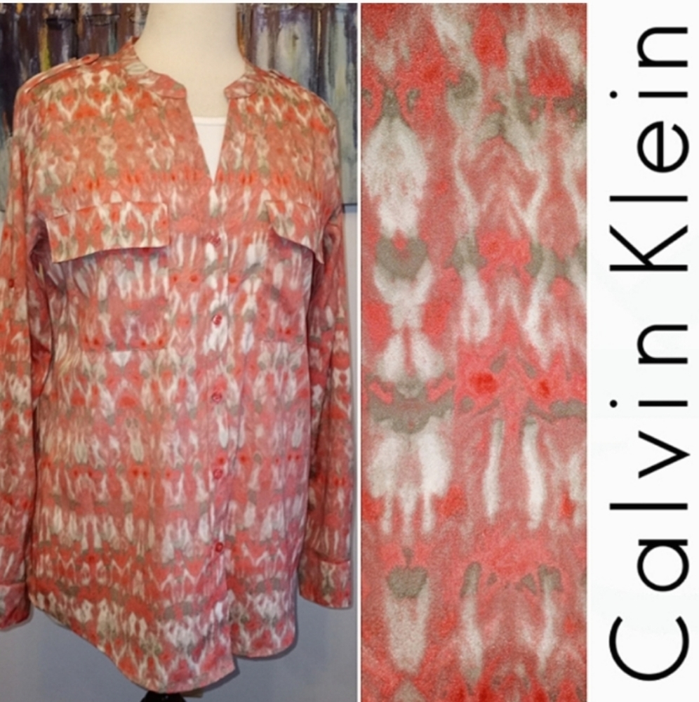 Calvin Klein abstract watercolor button down blouse, silky
